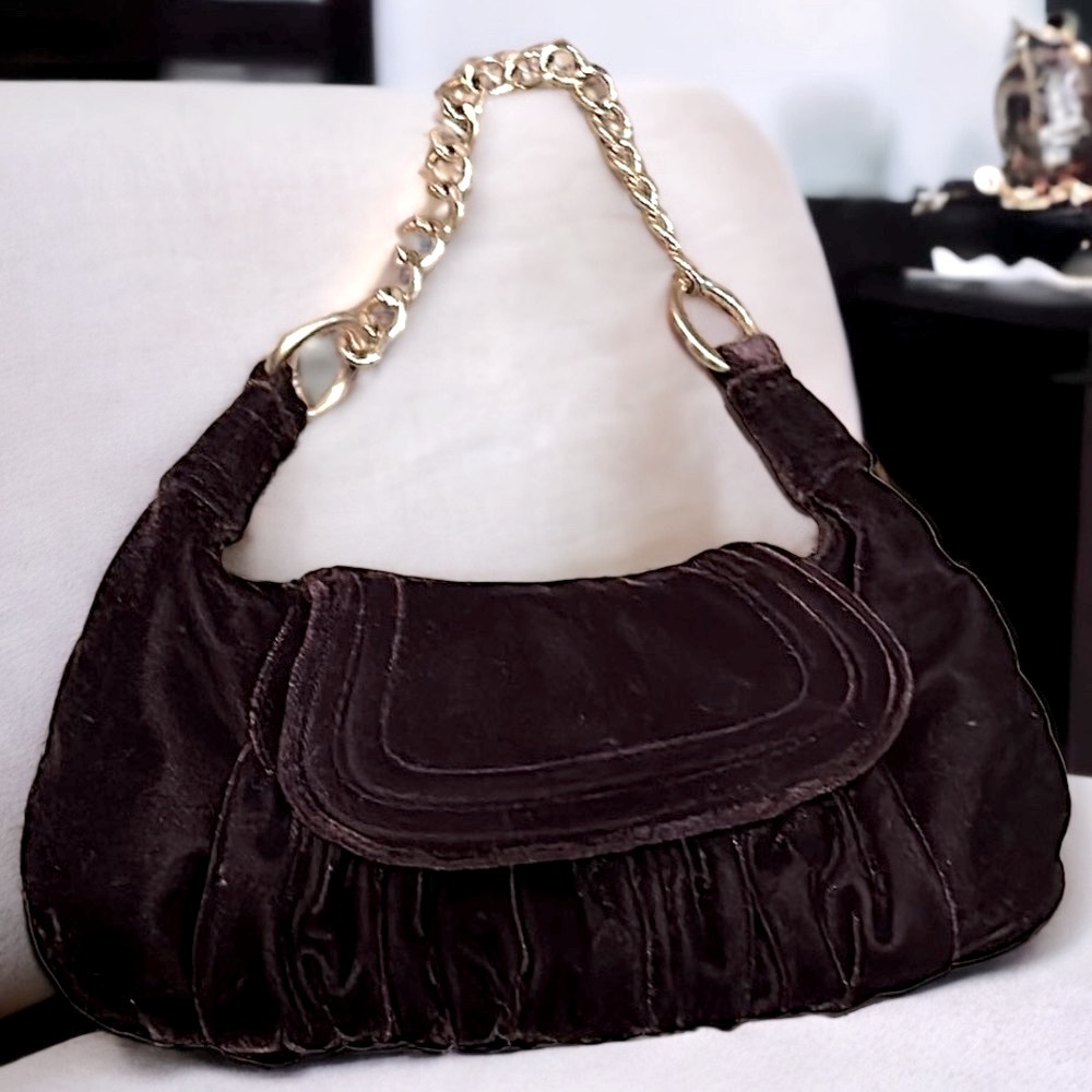 Ann Taylor LOFT dark chocolate Brown velvet east west bag gold chain handle